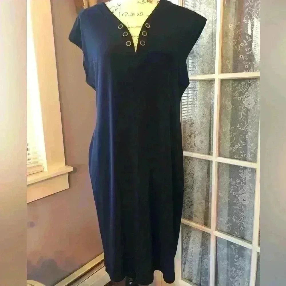 Calvin Klein Navy dress with Gold Chain and Button V-Neck Accents Sz 12 NWT